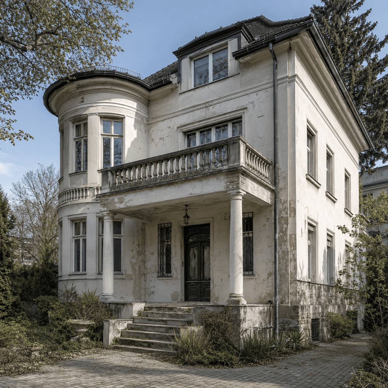 Ausgangszustand Bestandsvilla mit verwitterter und beschädigter Fassadenoberfläche, sichtbaren Abplatzungen und deutlich erkennbarem Sanierungsb Ausgangszustand Bestandsvilla mit verwitterter und beschädigter Fassadenoberfläche, sichtbaren Abplatzungen und deutlich erkennbarem Sanierungsb