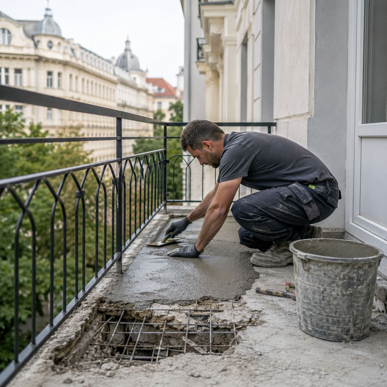 Balkonsanierung Wien – beschädigter Bestandsbalkon mit Rissen und Betonabplatzungen
