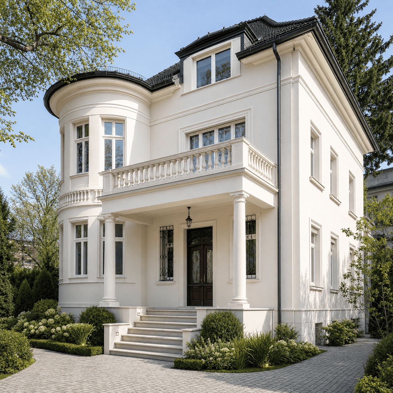 Ergebnis Sanierte Villa mit heller, sauber ausgeführter Fassade, aufgearbeiteten architektonischen Details und deutlich hochwertigerer Außenwirkung. Ergebnis Sanierte Villa mit heller, sauber ausgeführter Fassade, aufgearbeiteten architektonischen Details und deutlich hochwertigerer Außenwirkung.