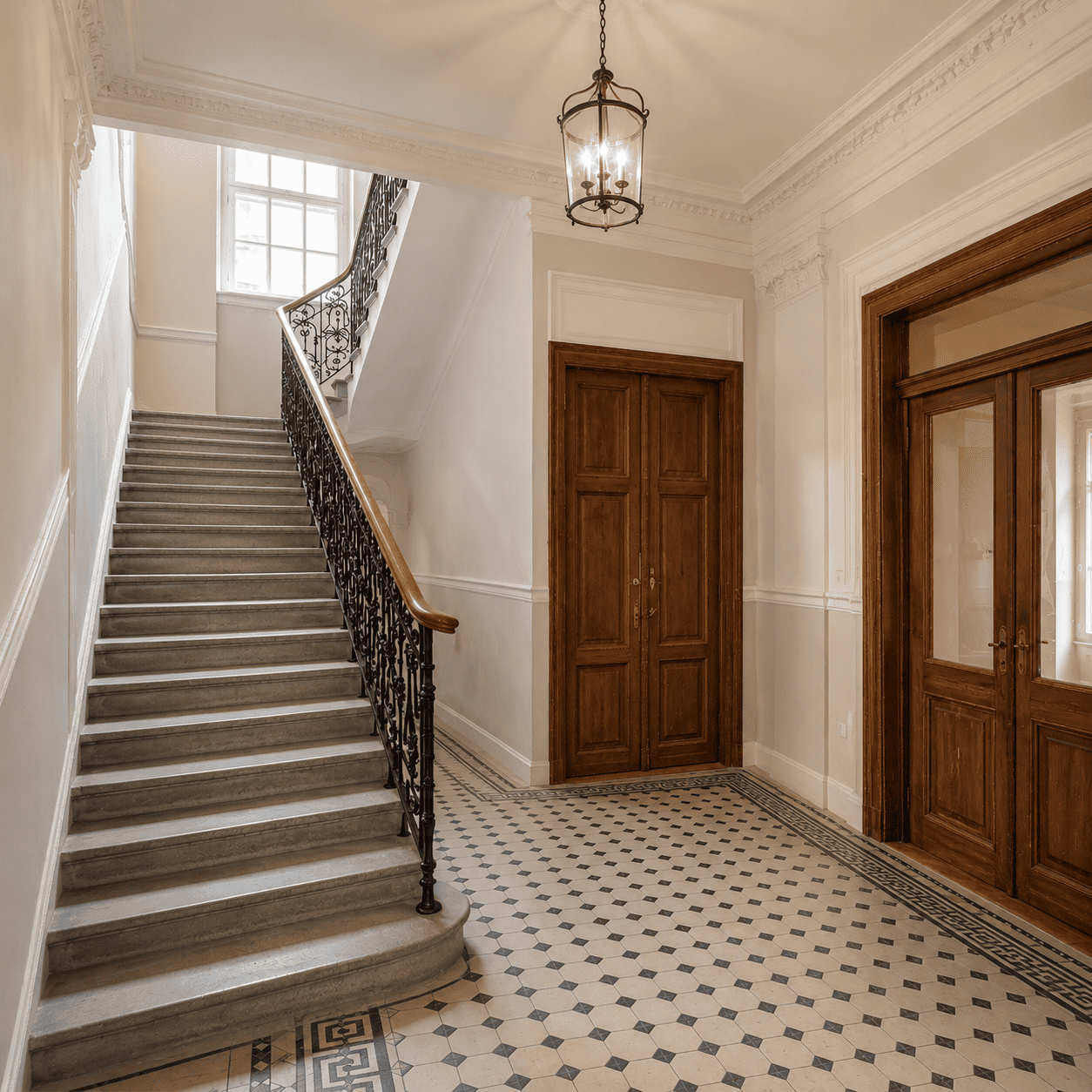 Ergebnis Saniertes Altbau-Stiegenhaus mit aufgearbeiteten Wand- und Deckenflächen, sauber gefassten Stuckelementen und deutlich aufgewerteter Ge Ergebnis Saniertes Altbau-Stiegenhaus mit aufgearbeiteten Wand- und Deckenflächen, sauber gefassten Stuckelementen und deutlich aufgewerteter Ge