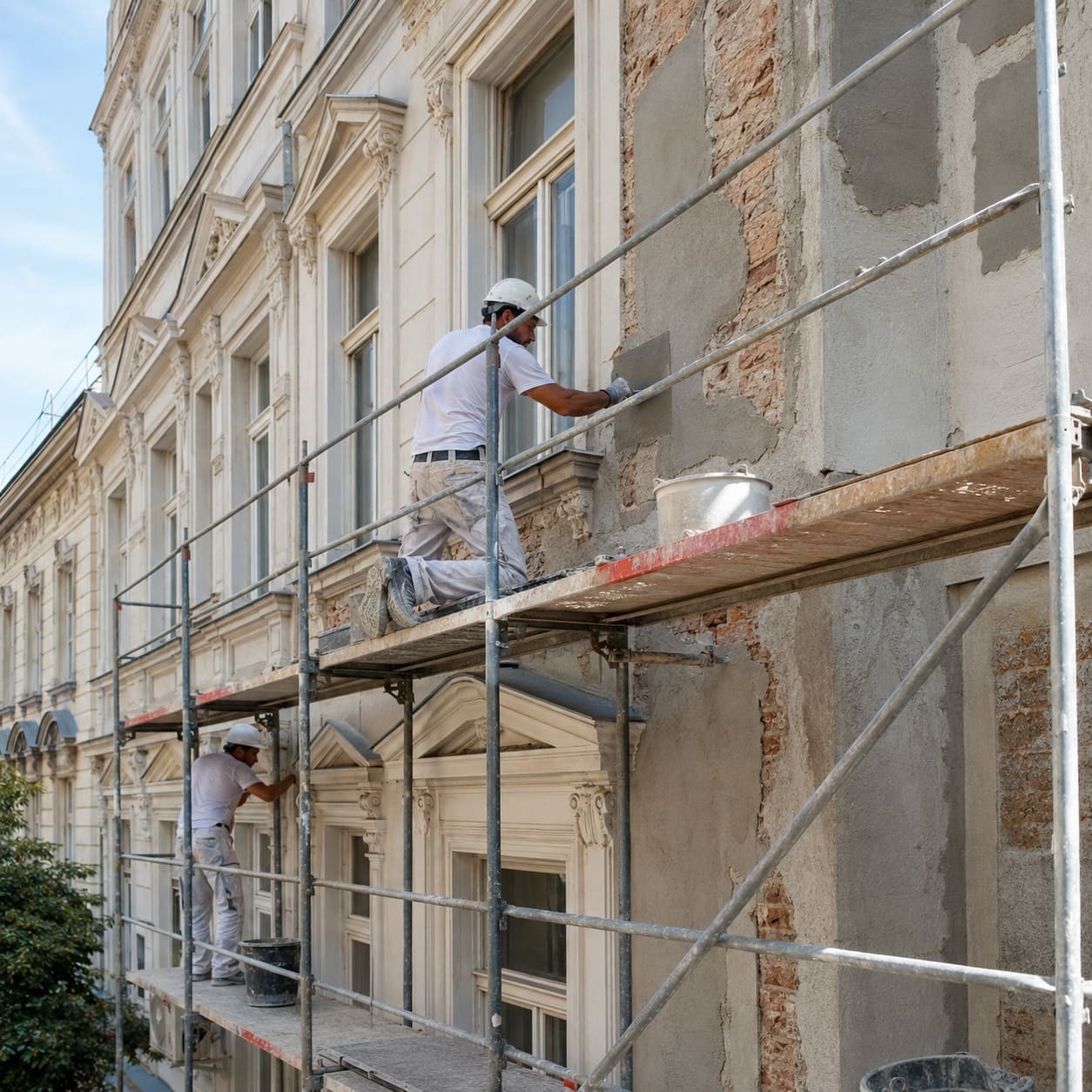 Fassadensanierung Wien – beschädigte Bestandsfassade mit Rissen, Abplatzungen und Gerüst Fassadensanierung Wien – beschädigte Bestandsfassade mit Rissen, Abplatzungen und Gerüst