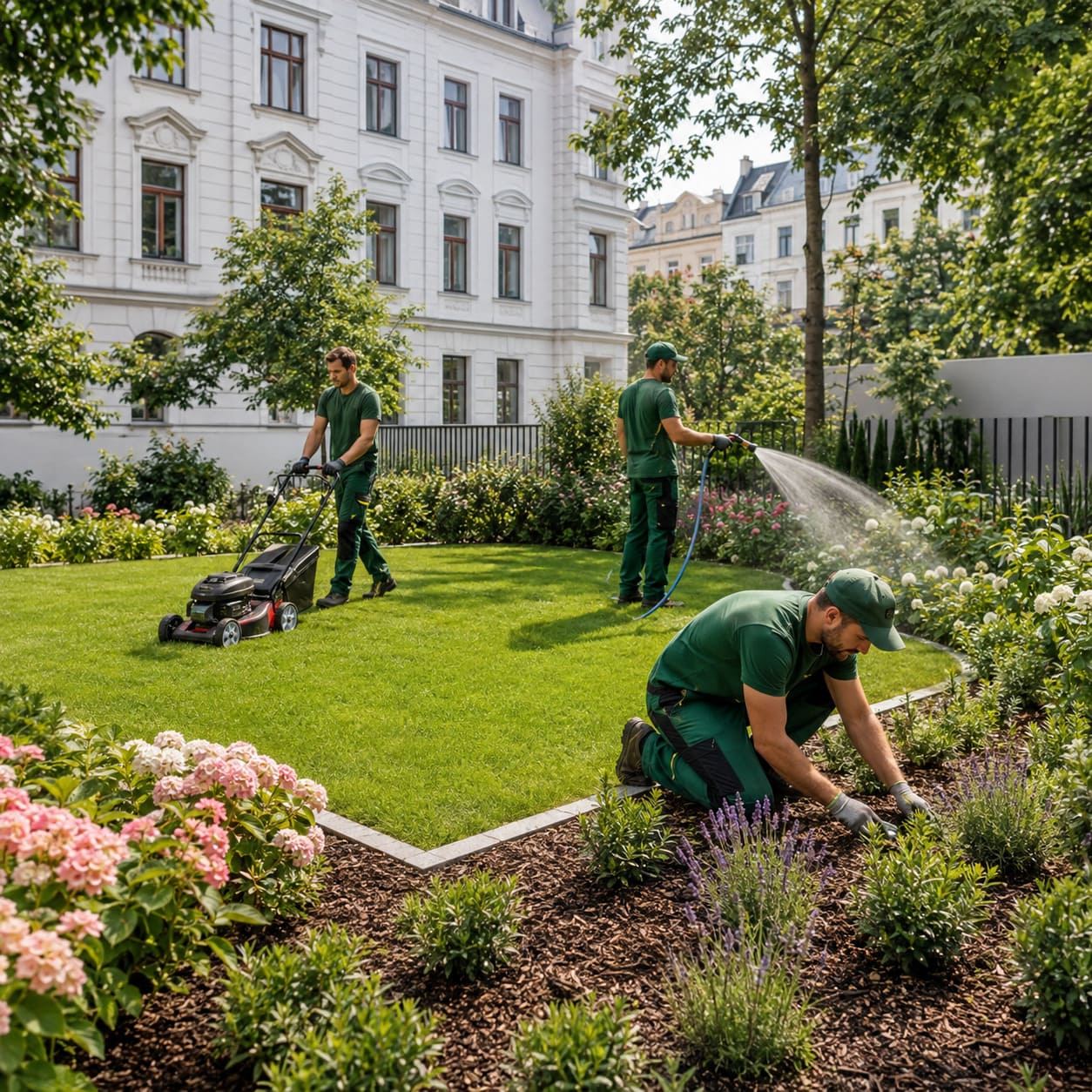 Gartenarbeiten Wien – Rasen mähen, Grünflächen bewässern, jäten und mulchen.