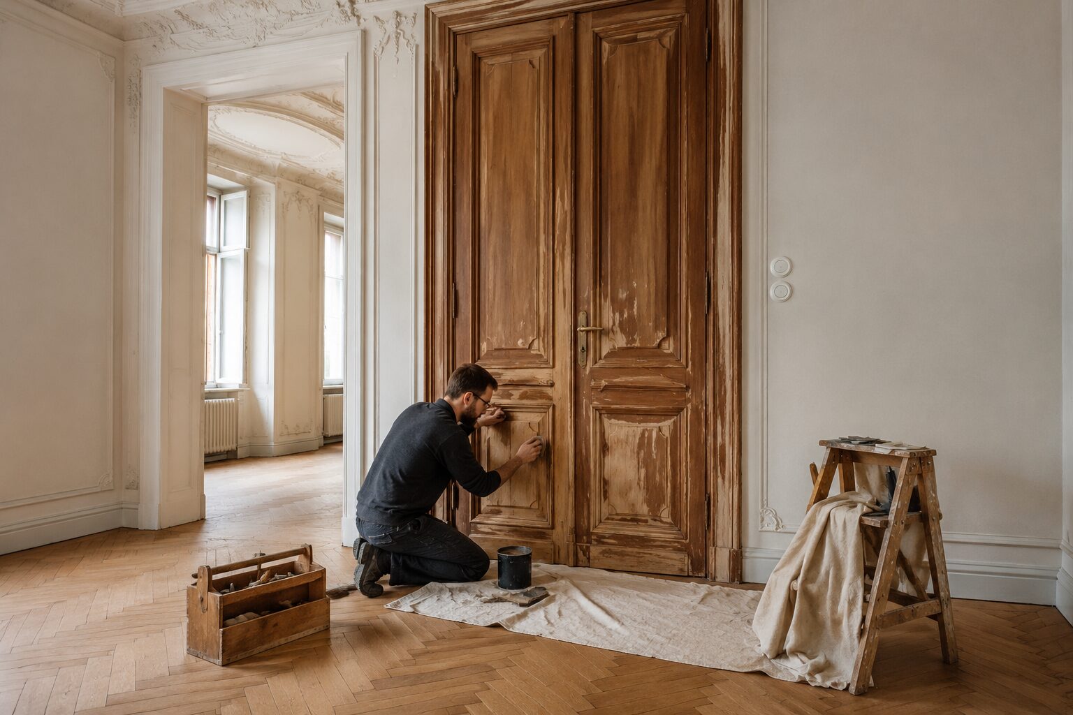 Originale Flügeltüren im Altbau erhalten Fachgerechte Restaurierung einer historischen Flügeltür in einer Wiener Altbauwohnung