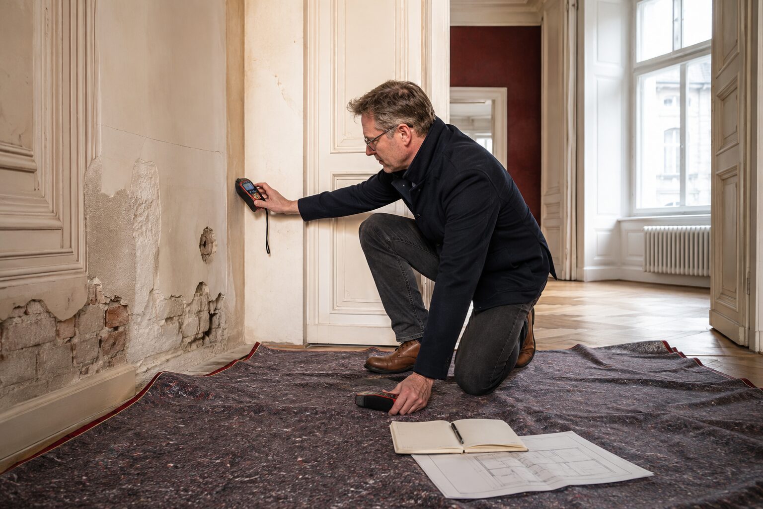 Bestandsaufnahme einer Wiener Altbauwohnung Altbauwohnung sanieren in Wien mit genauer Prüfung von Wand und Boden