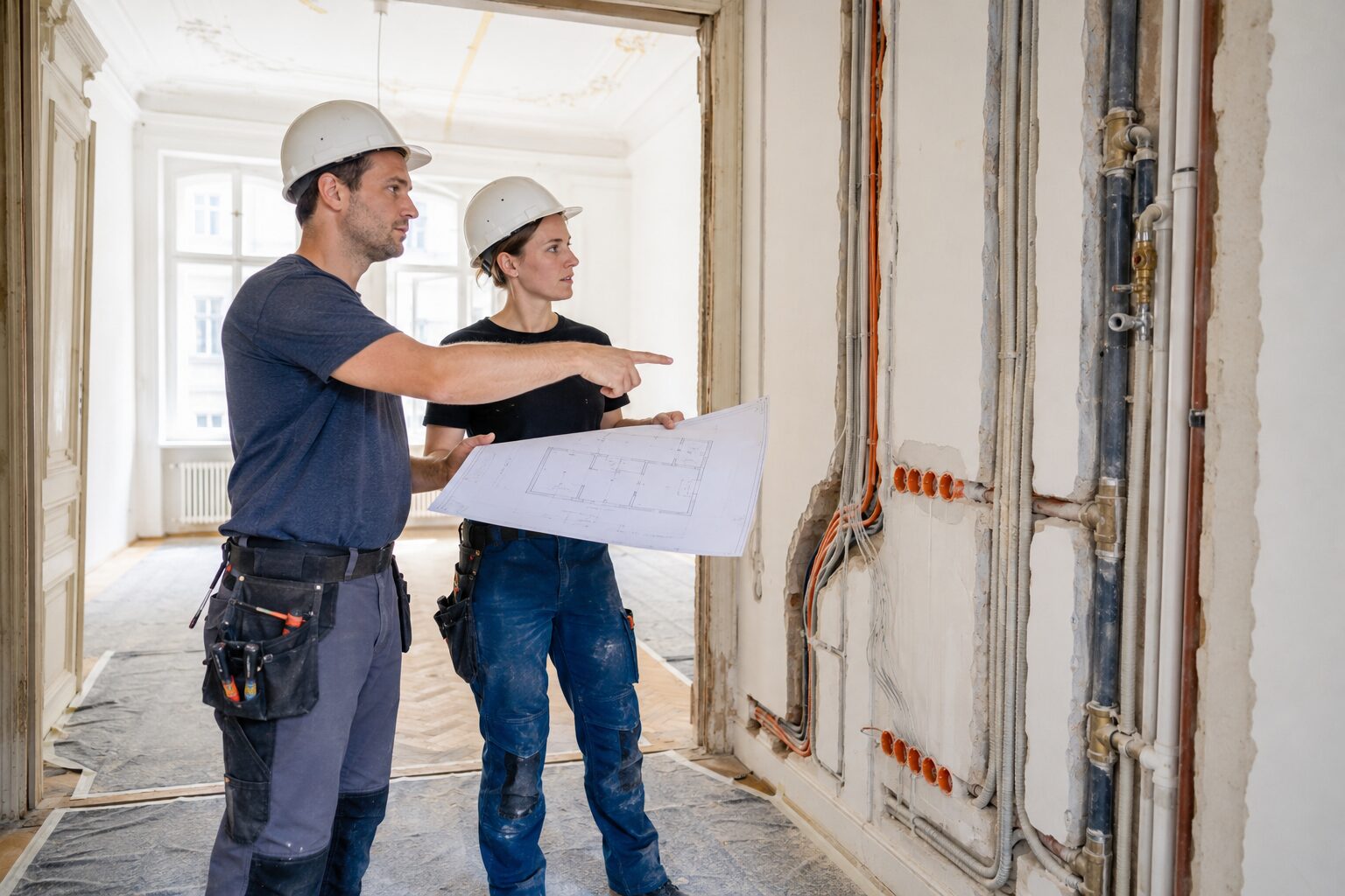 Elektro- und Sanitärinstallationen im Wiener Altbau Altbauwohnung sanieren in Wien mit koordinierter Elektro- und Sanitärplanung