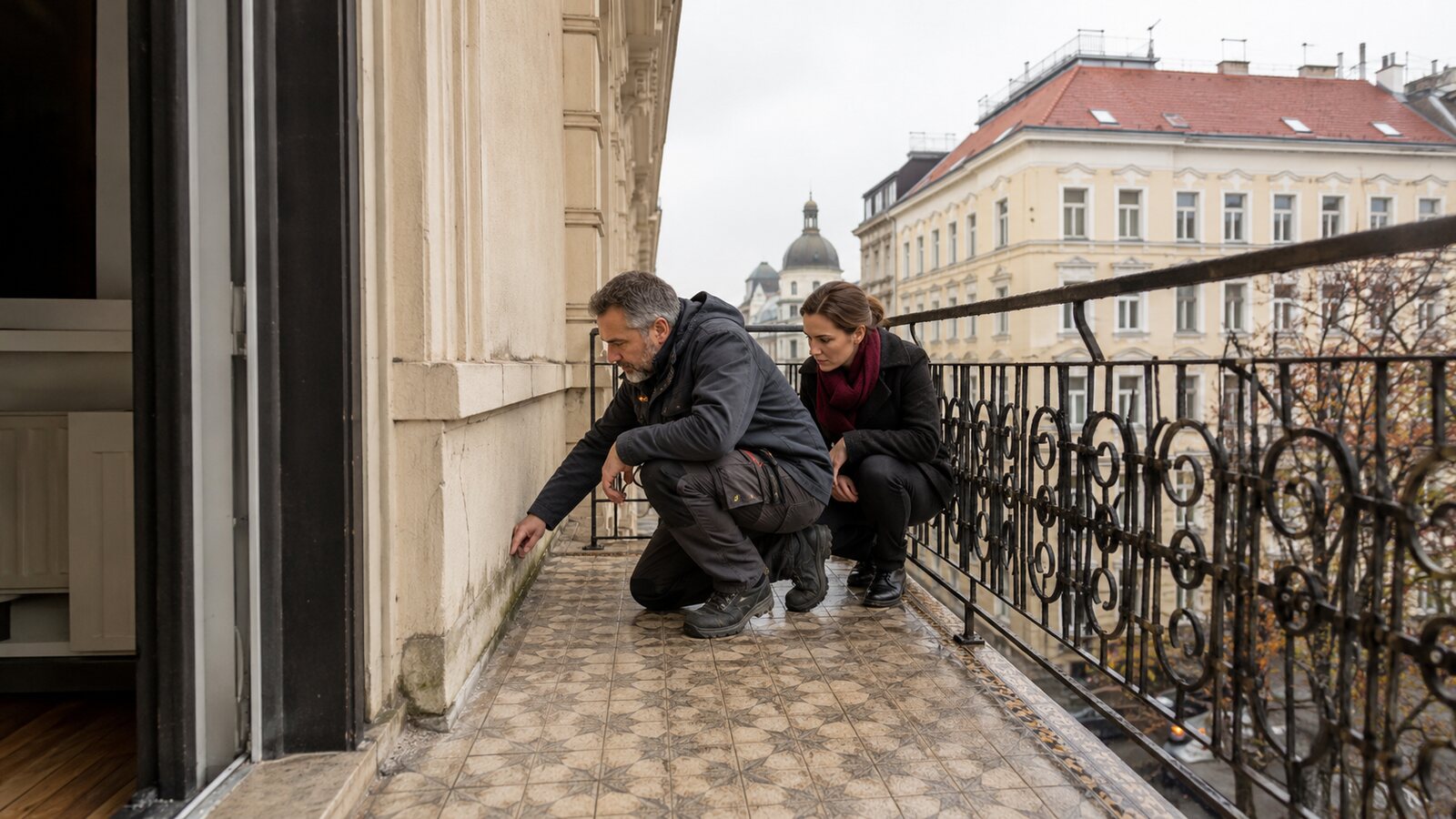 Balkonschäden erkennen bei Rissen, feuchten Anschlüssen und beschädigten Fugen in Wien