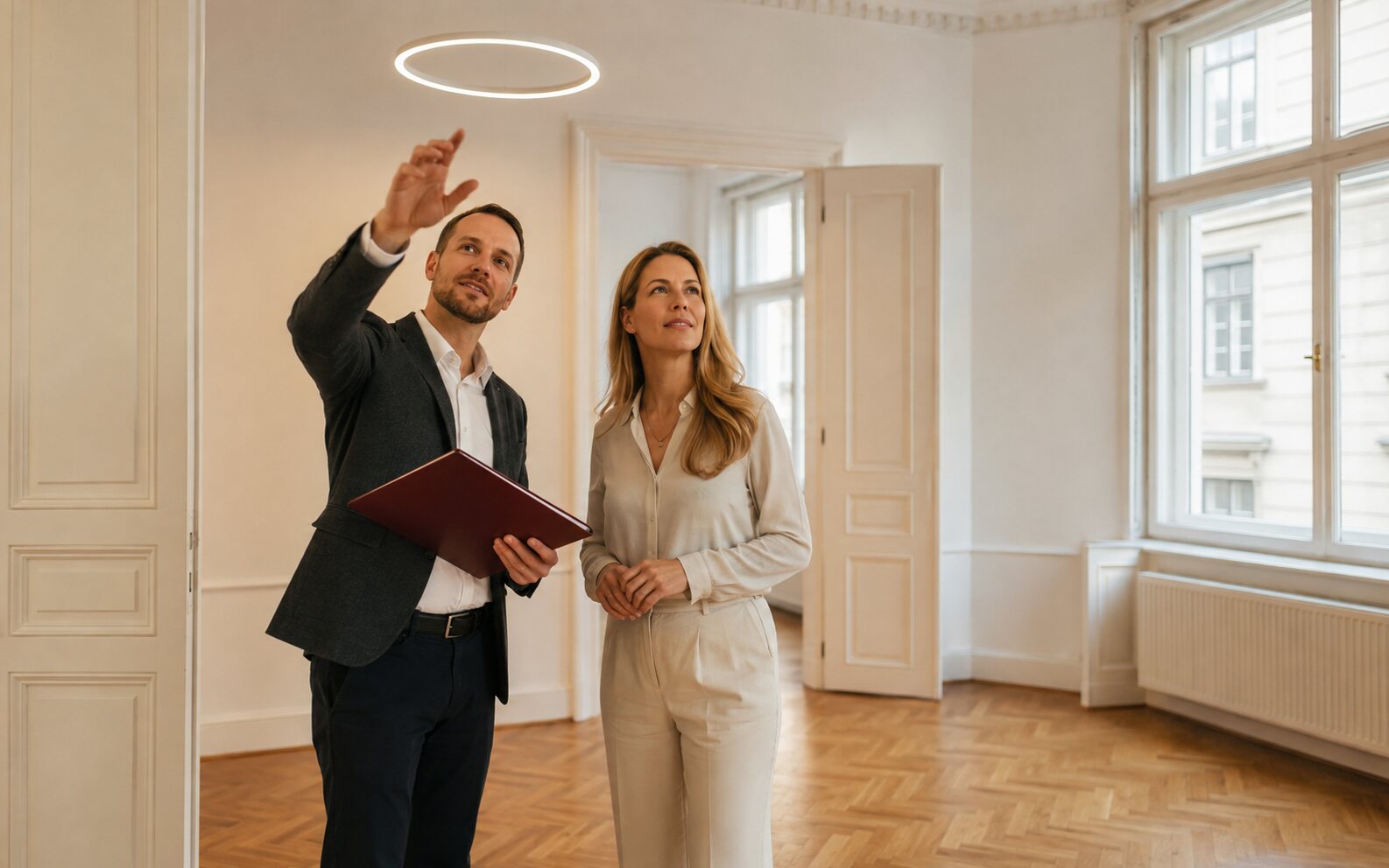Projektleitung und Eigentümerin kontrollieren ein fertig saniertes Altbauzimmer