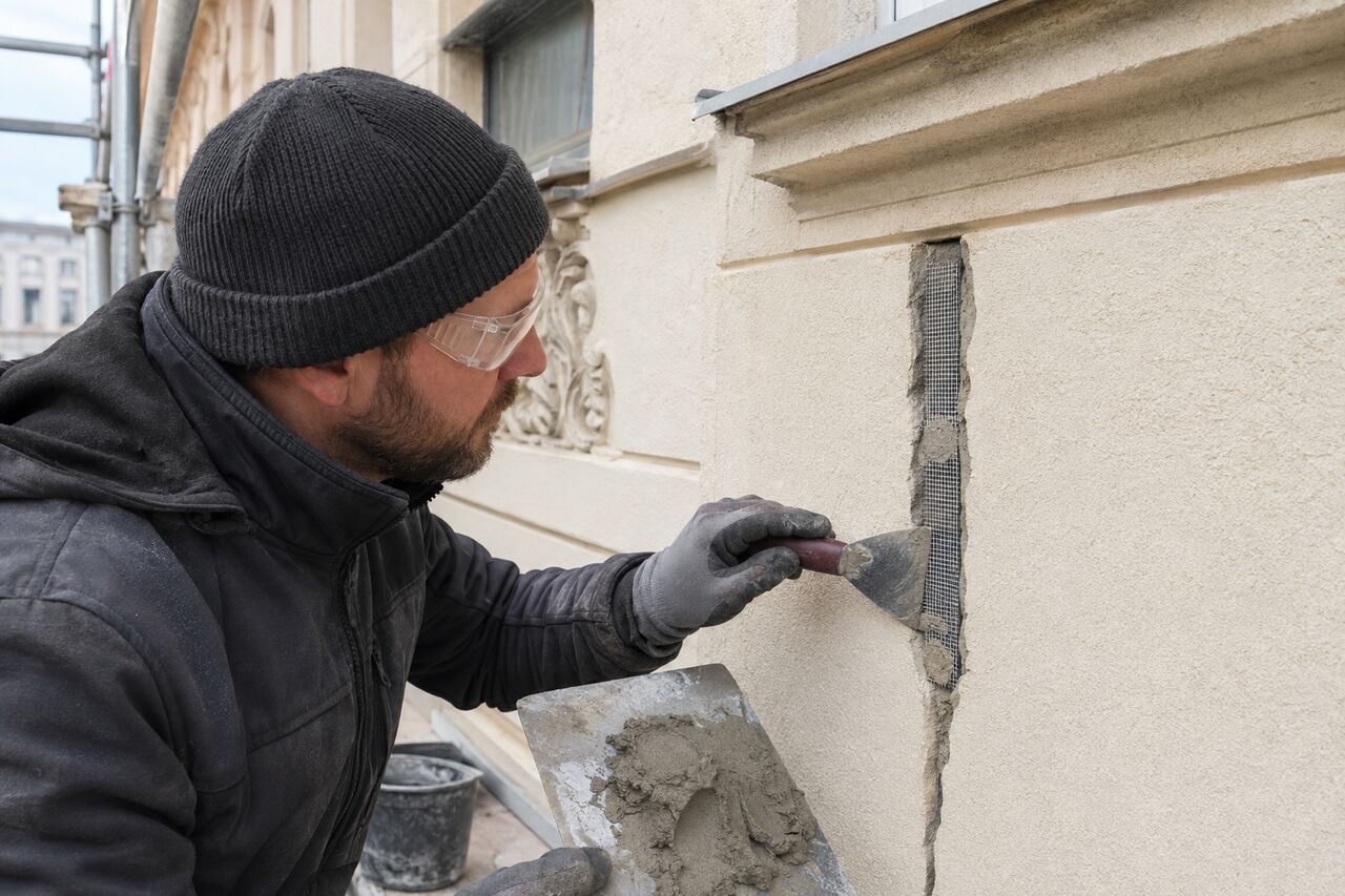 Mineralischer Reparaturmörtel und Gewebe werden fachgerecht in den vorbereiteten Putz eingebaut