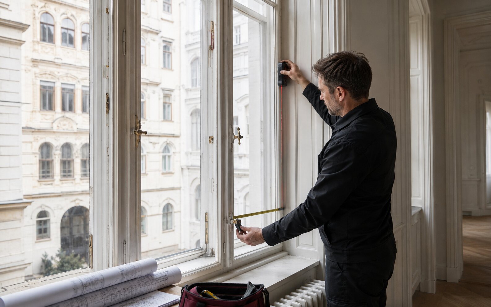Fachmann misst ein historisches Altbaufenster in einer Schutzzone