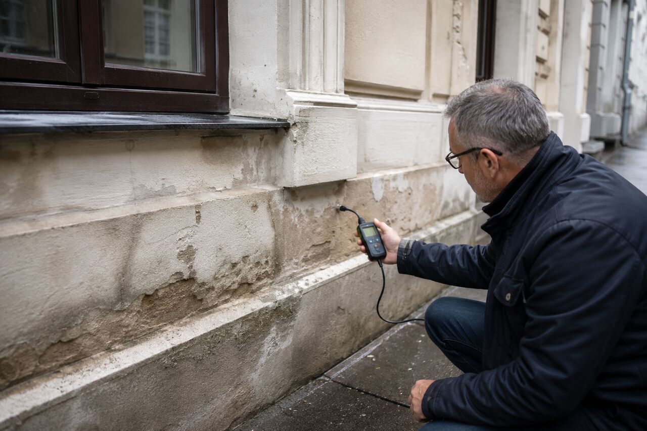 Feuchter Sockelputz mit Ausblühungen wird an einem Wiener Wohnhaus gemessen