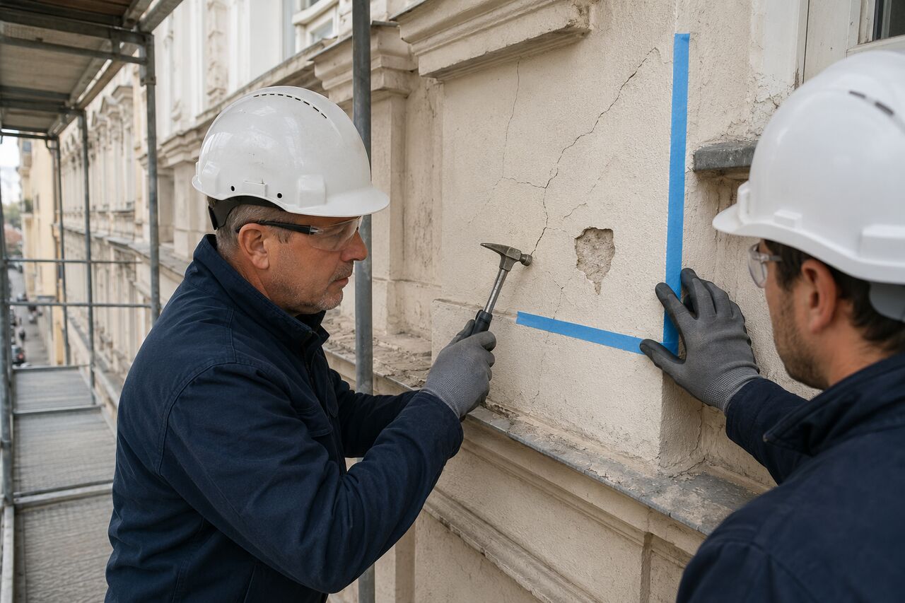 Fachkräfte prüfen lose und hohl klingende Putzflächen auf einem sicheren Gerüst