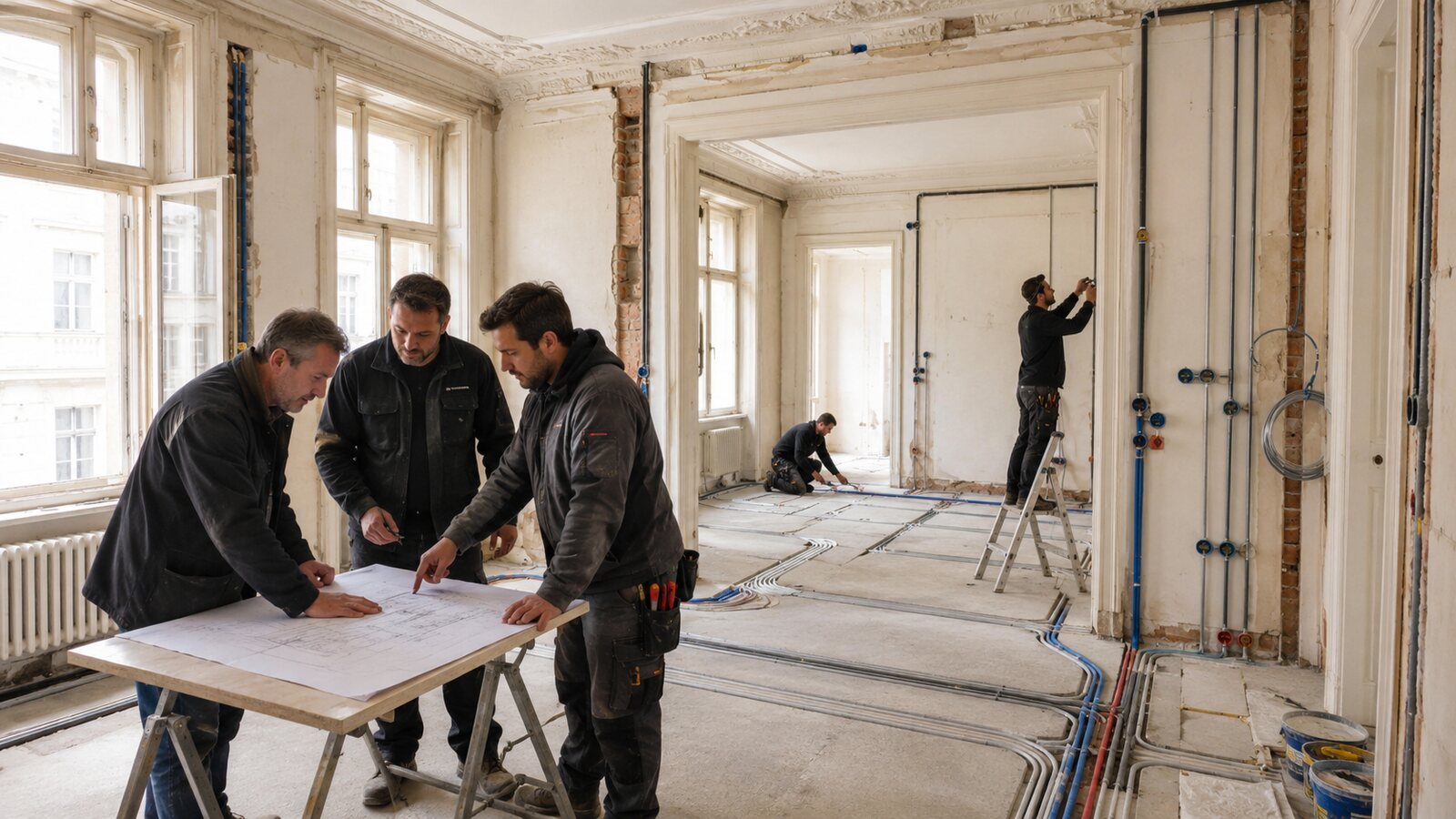 Mehrere Gewerke bei einer vollständigen Wohnungserneuerung koordinieren Komplettsanierung einer Altbauwohnung mit koordinierten Installations- und Elektroarbeiten