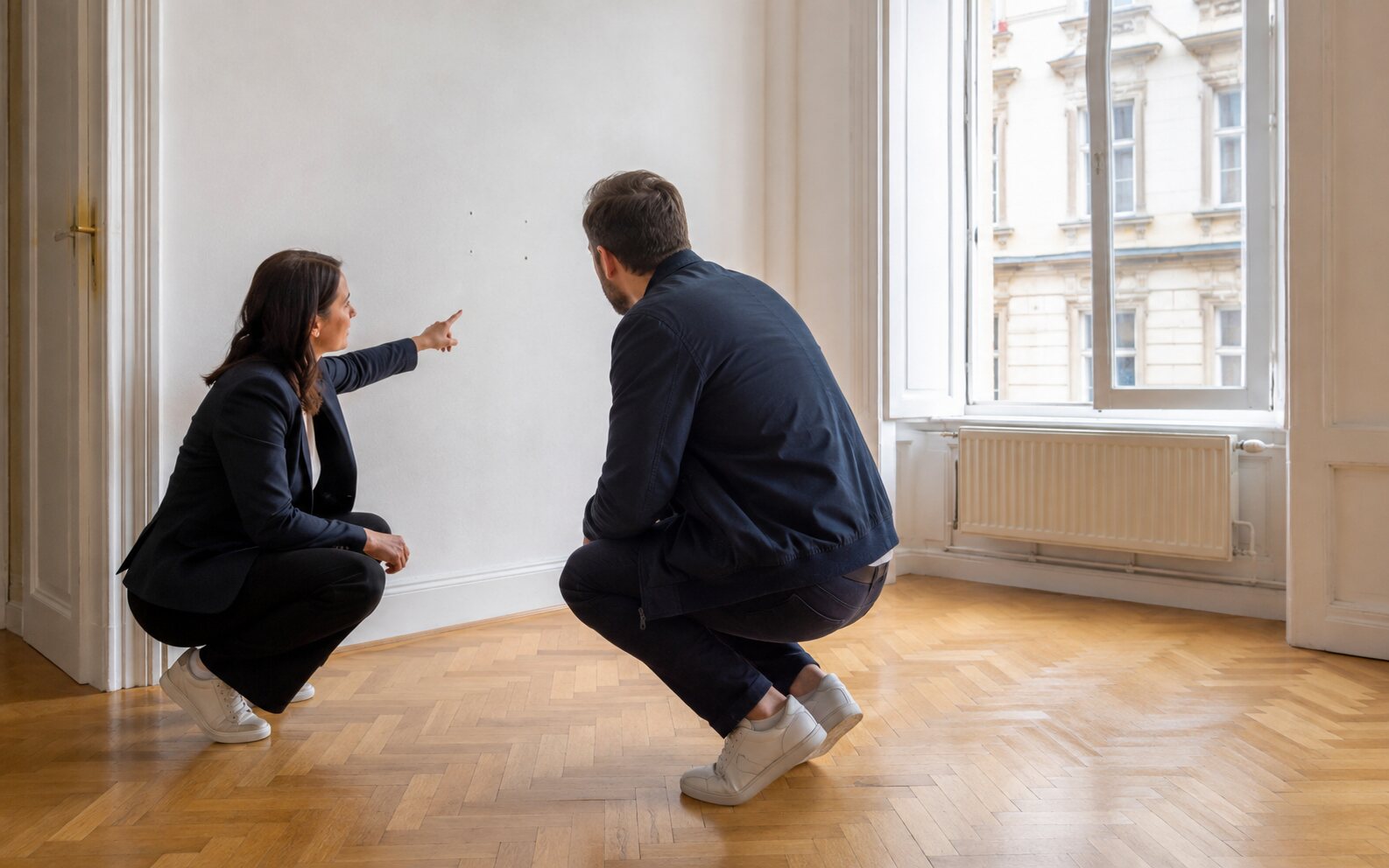 Leichte Gebrauchsspuren an Wand und Parkett werden in einer leeren Altbauwohnung geprüft