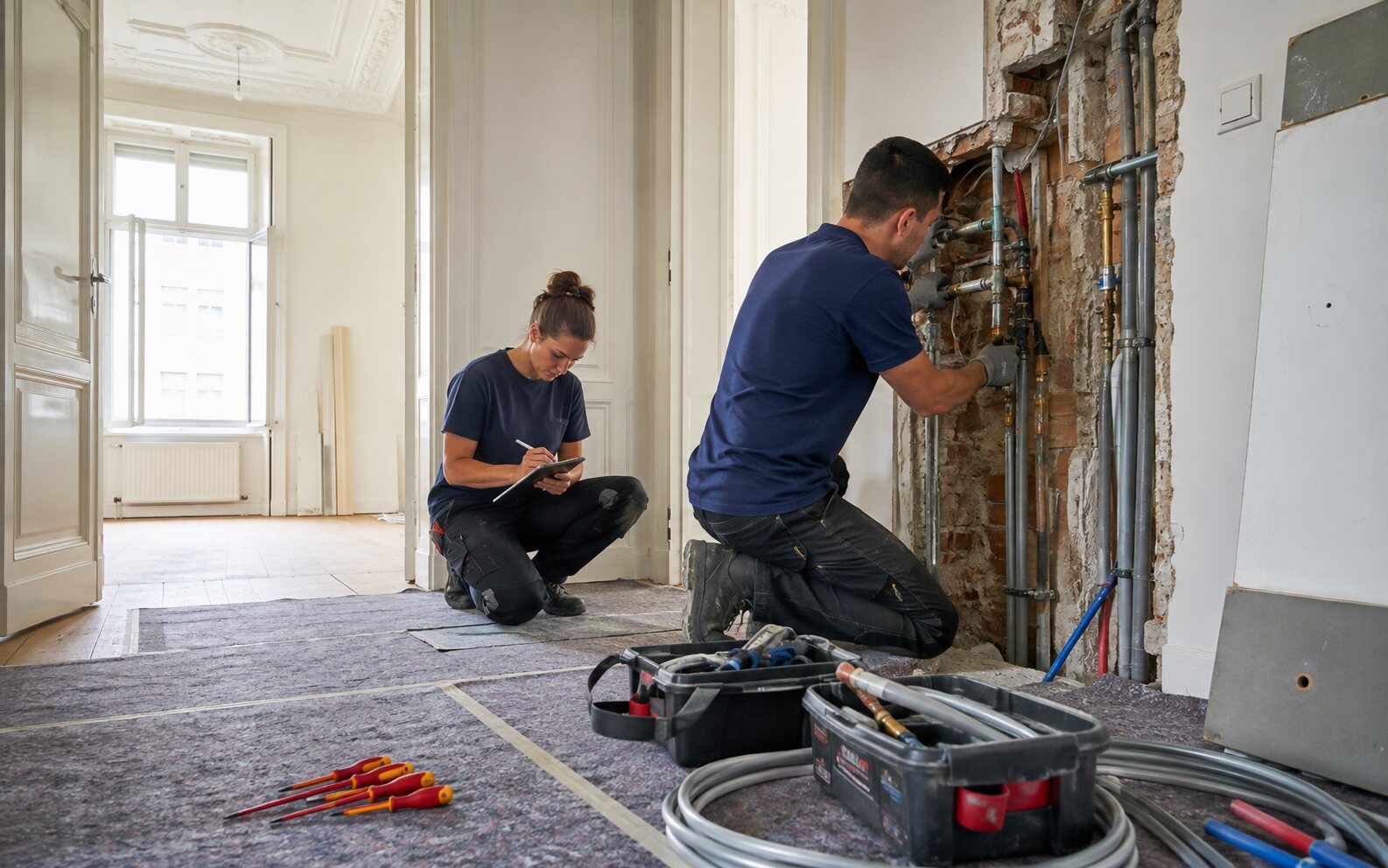 Technische Mängel an Leitungen und Elektrik fachgerecht beheben Fachkräfte erneuern alte Wasserleitungen und elektrische Installationen im Altbau