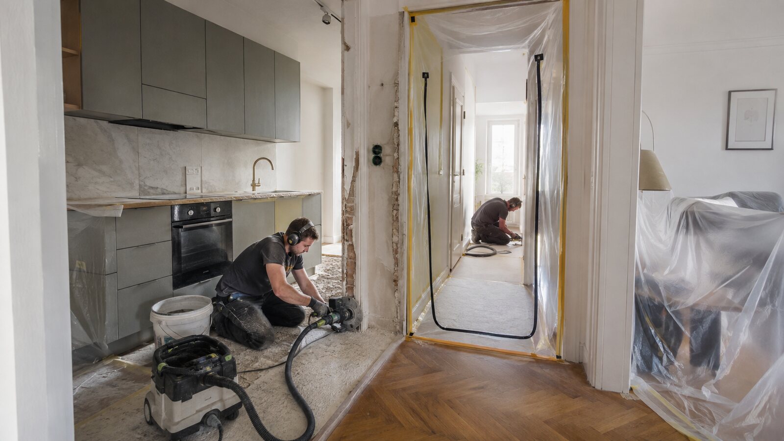Begrenzte Arbeiten sauber vom bewohnten Bereich trennen Abgetrennter Arbeitsbereich mit Staubschutz während einer bewohnten Wohnungserneuerung
