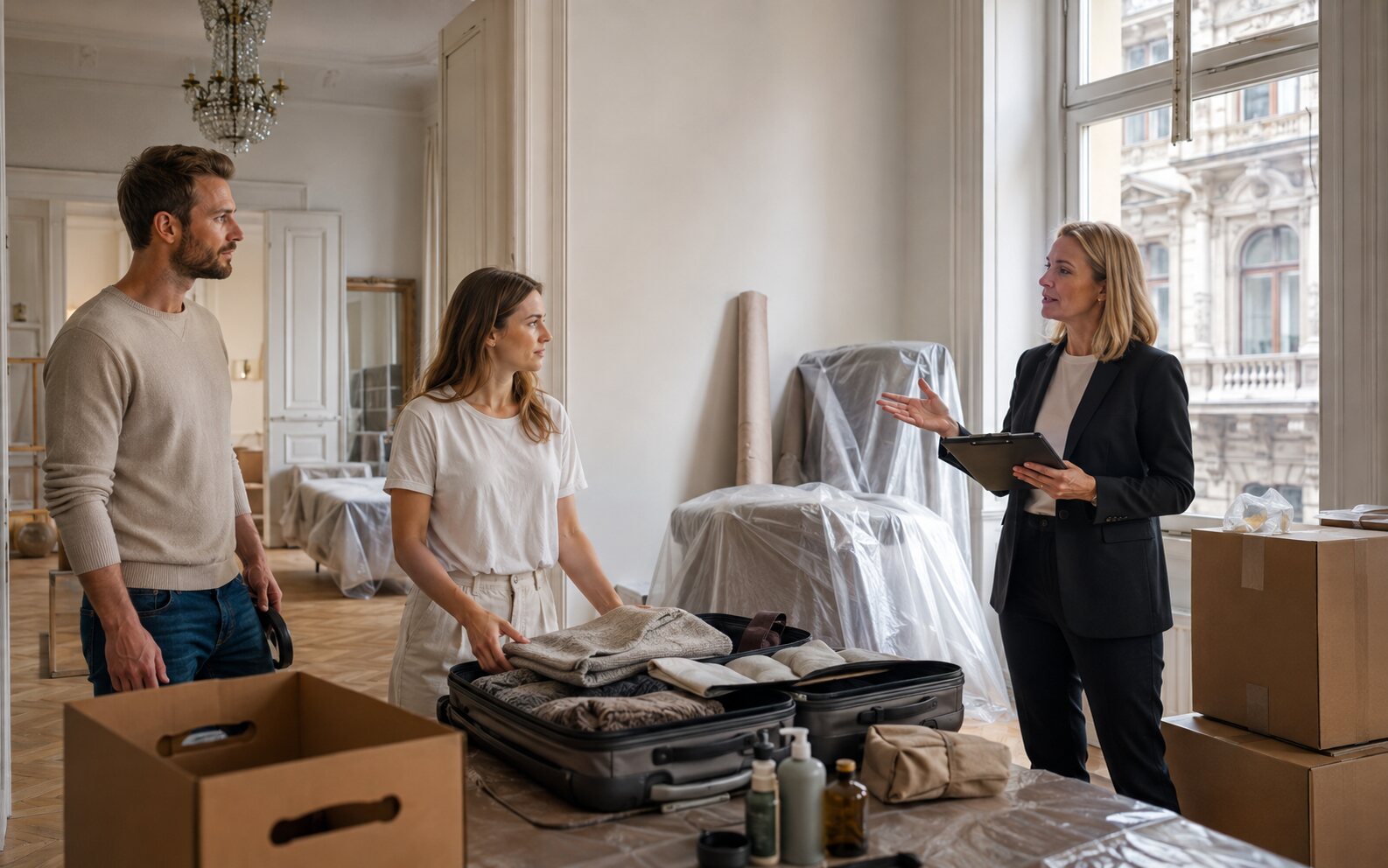Paar packt persönliche Dinge für eine vorübergehende Unterkunft