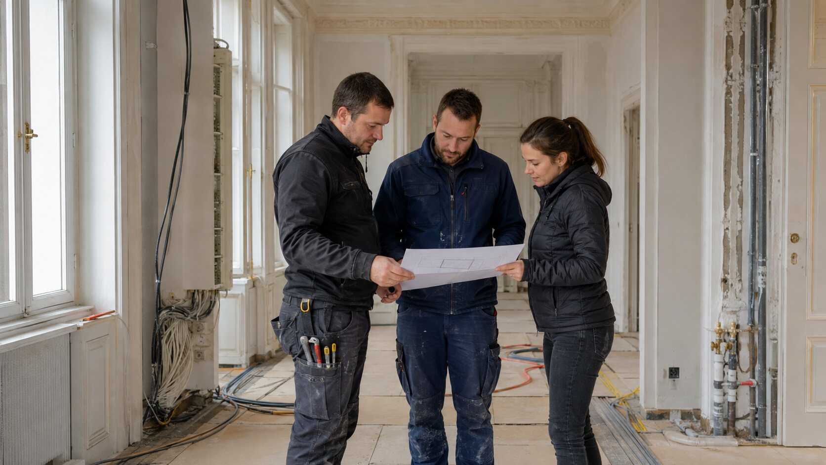 Koordination mehrerer Fachgewerke im Wiener Altbau Elektro-, Sanitär- und Bauprofis koordinieren die Sanierungsarbeiten