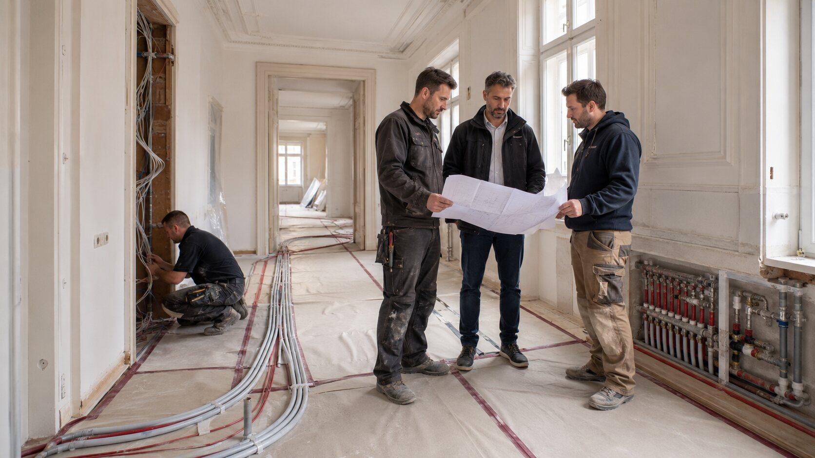 Koordination von Elektro und Sanitär bei der Sanierung Fachgewerke koordinieren die Dauer einer Wohnungssanierung in Wien