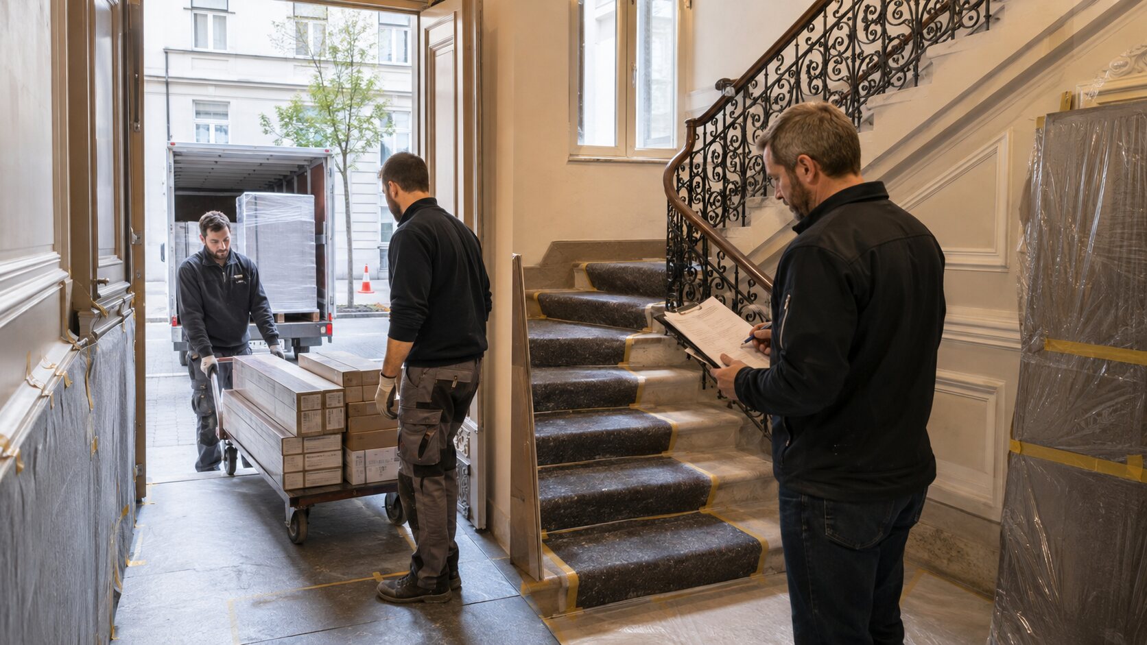 Baustellenlogistik in einem Wiener Wohnhaus Materiallieferung und geschütztes Stiegenhaus bei einer Wohnungssanierung