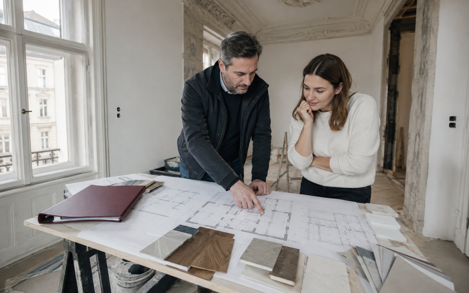 Wohnungssanierung in Wien – Planung und Materialauswahl Architektin prüft Grundriss und Materialmuster vor dem Baustart