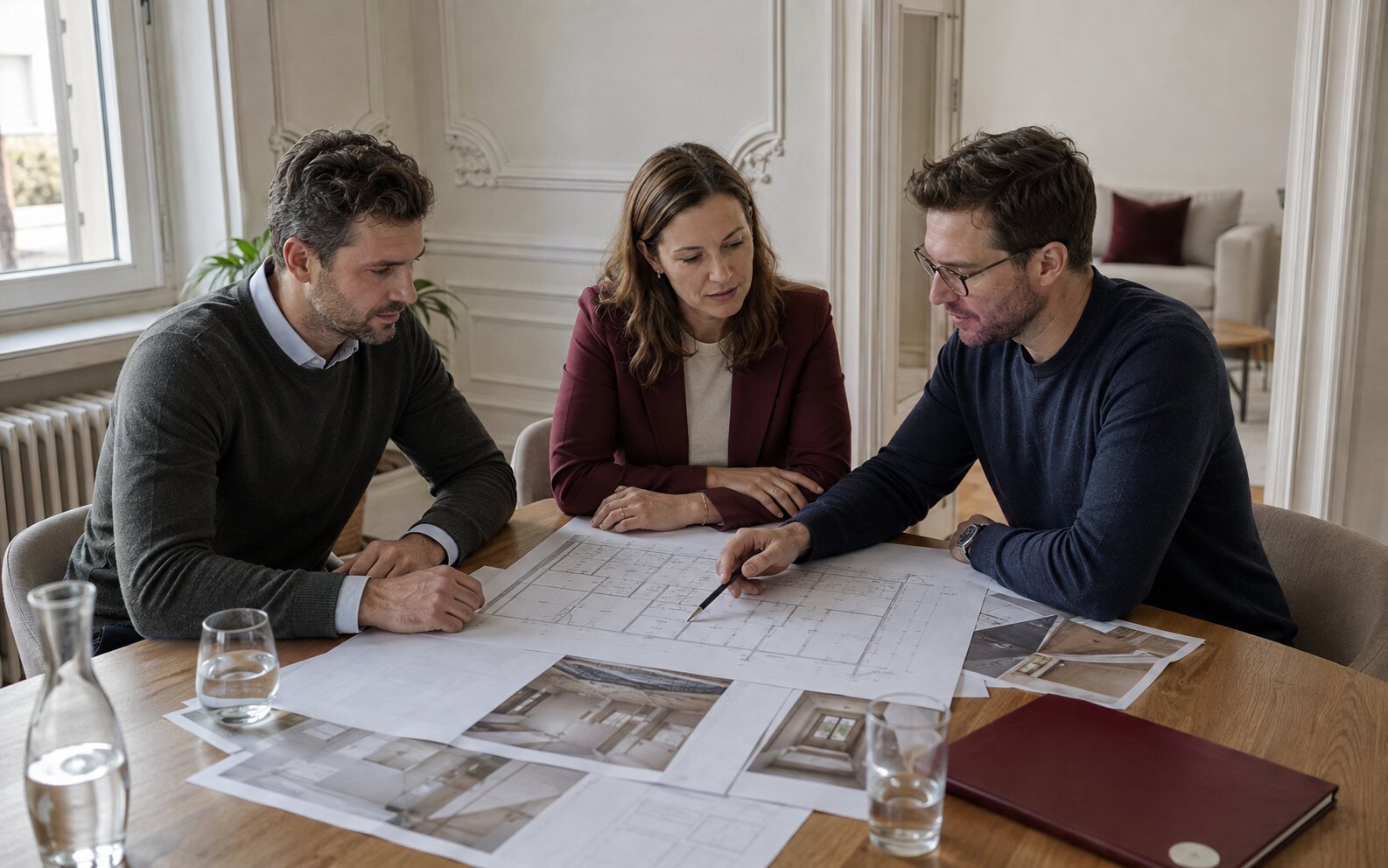Eigentümer, Hausverwaltung und Architektin prüfen gemeinsam einen Grundriss